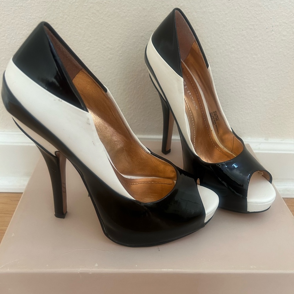 BCBG Black and White Peep-Toe Heels